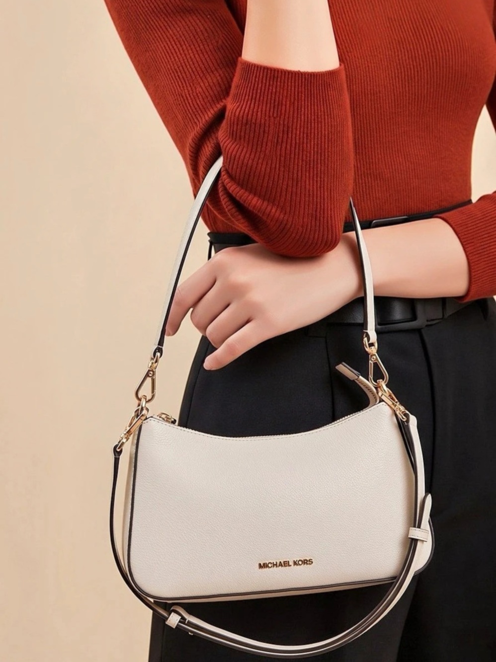 Michael Kors Laney Cream Pebbled Leather Pouchette Bag Zip Gold Hardware Strap